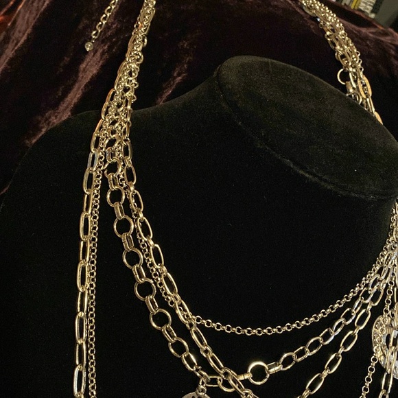 19” silver tone multi strand heart chain necklace w/ 4 bangle brackets - Picture 3 of 9